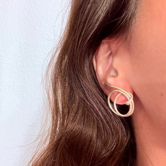 14K Gold Modernist Vortex Round Coil Sterling Silver 925 Jensen Vintage Earrings - Picture 2 of 9